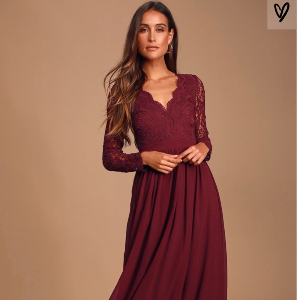 Awaken My Love Burgundy Long Sleeve Lace Maxi